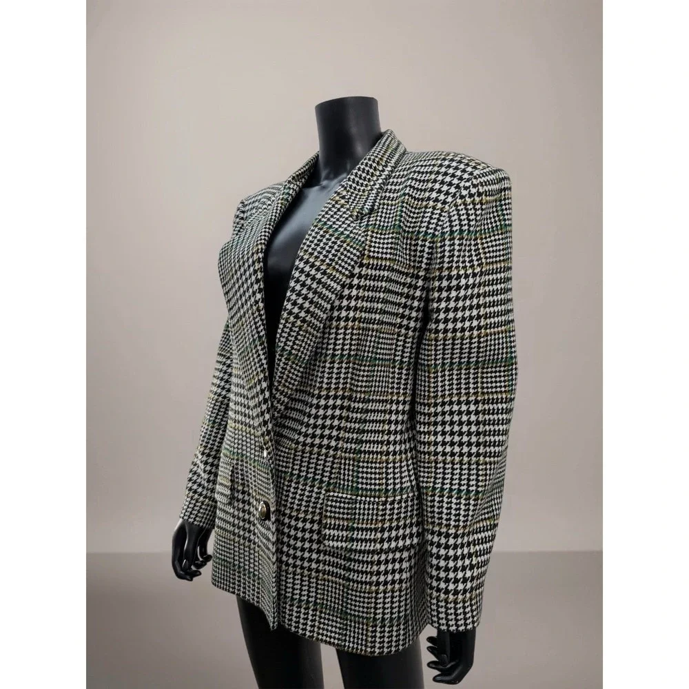 Le Suit Wool Blend Houndstooth Plaid Blazer‎ Black White Tailored Jacket